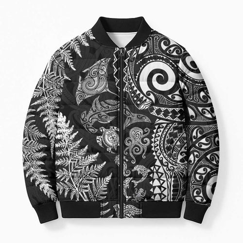 New Zealand Sea Animals Bomber Puffer Jacket with Maori Koru Tribal Tattoo and Silver Ferns Black Color
