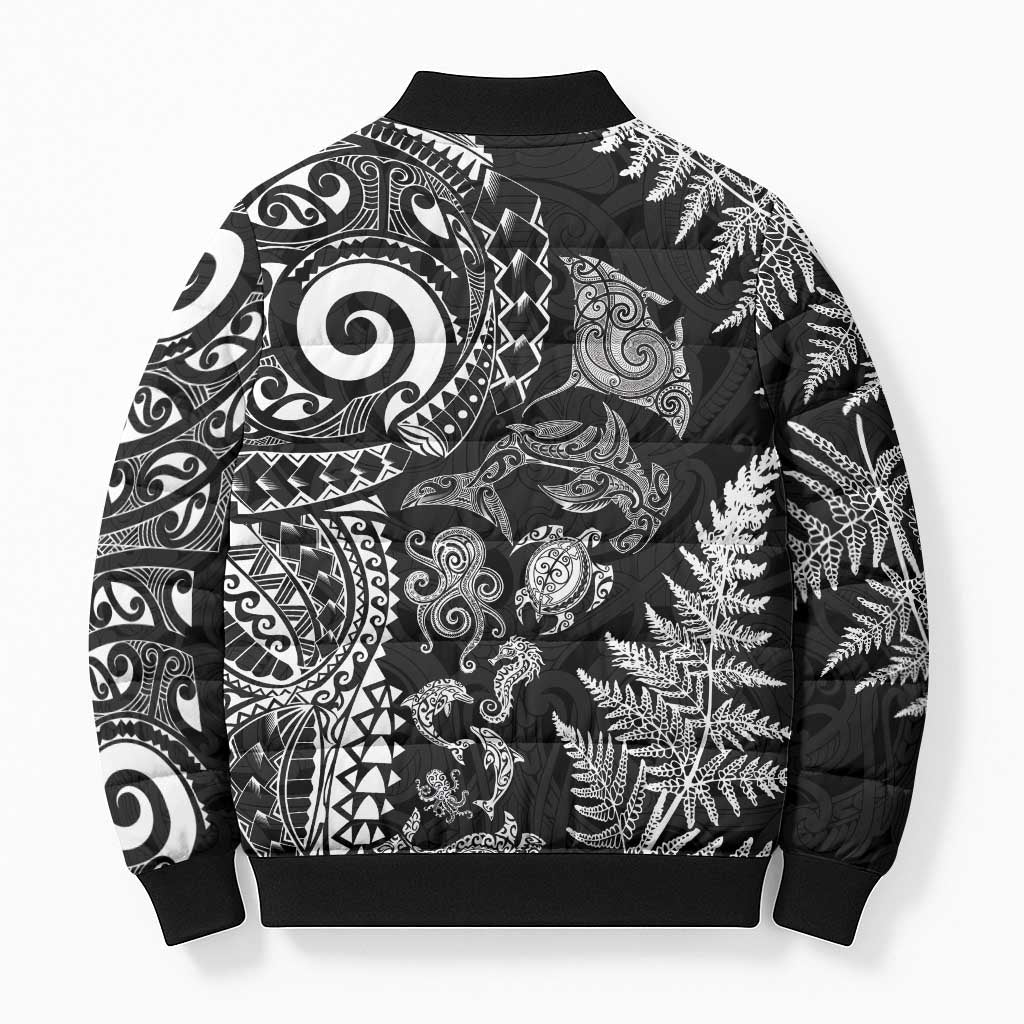 New Zealand Sea Animals Bomber Puffer Jacket with Maori Koru Tribal Tattoo and Silver Ferns Black Color