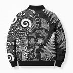 New Zealand Sea Animals Bomber Puffer Jacket with Maori Koru Tribal Tattoo and Silver Ferns Black Color