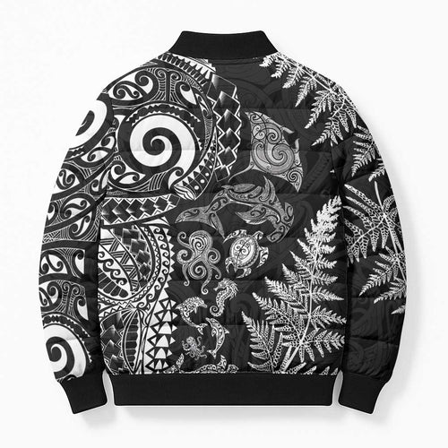 New Zealand Sea Animals Bomber Puffer Jacket with Maori Koru Tribal Tattoo and Silver Ferns Black Color