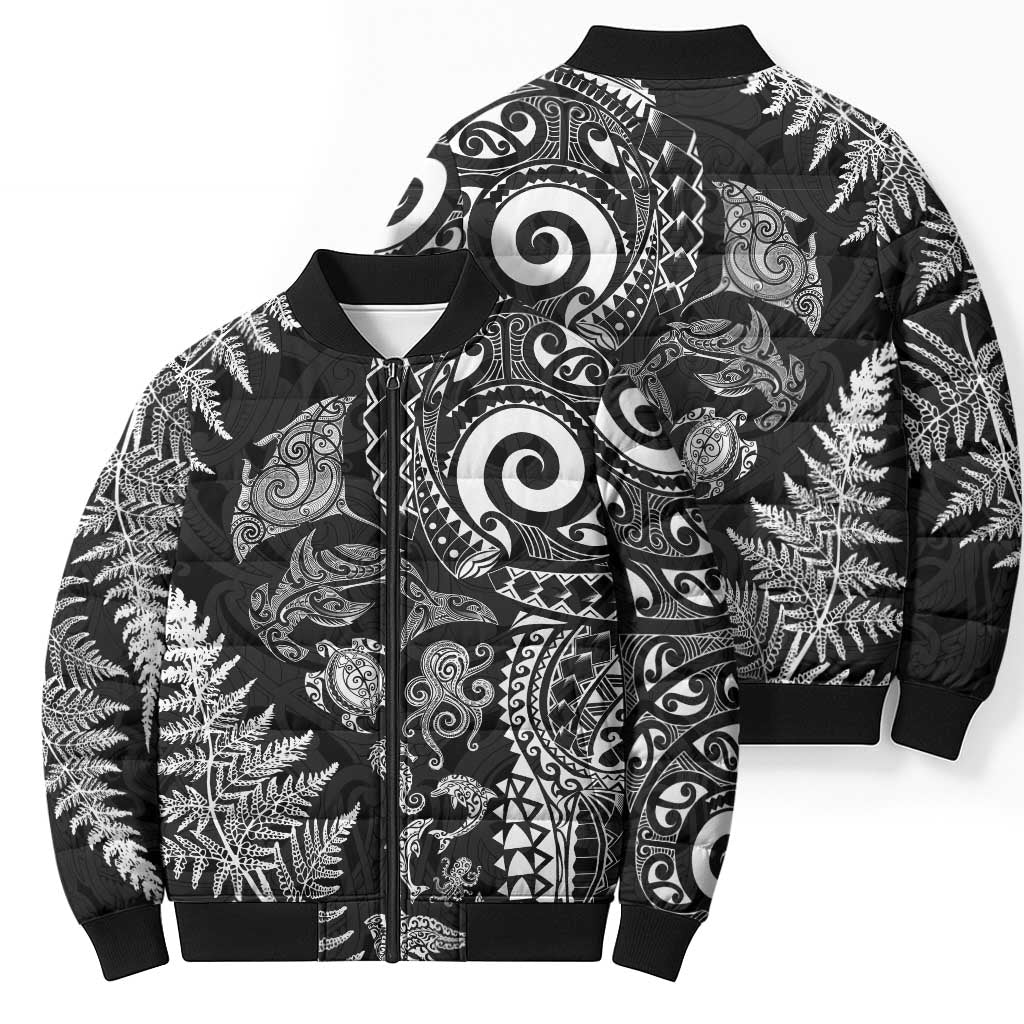 New Zealand Sea Animals Bomber Puffer Jacket with Maori Koru Tribal Tattoo and Silver Ferns Black Color