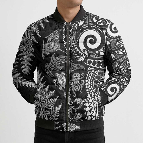 New Zealand Sea Animals Bomber Puffer Jacket with Maori Koru Tribal Tattoo and Silver Ferns Black Color