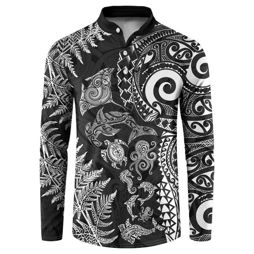 New Zealand Sea Animals Button Sweatshirt with Maori Koru Tribal Tattoo and Silver Ferns Black Color