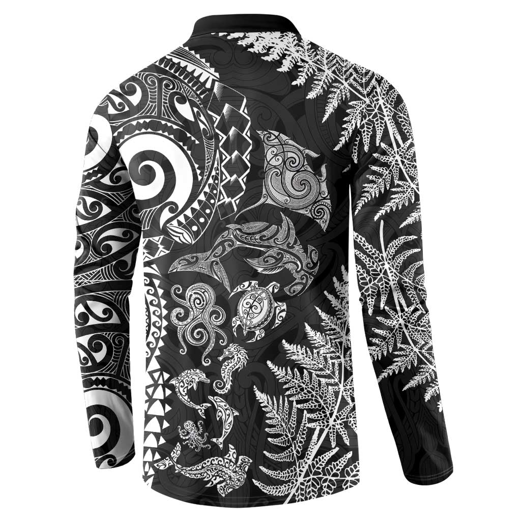 New Zealand Sea Animals Button Sweatshirt with Maori Koru Tribal Tattoo and Silver Ferns Black Color