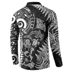 New Zealand Sea Animals Button Sweatshirt with Maori Koru Tribal Tattoo and Silver Ferns Black Color