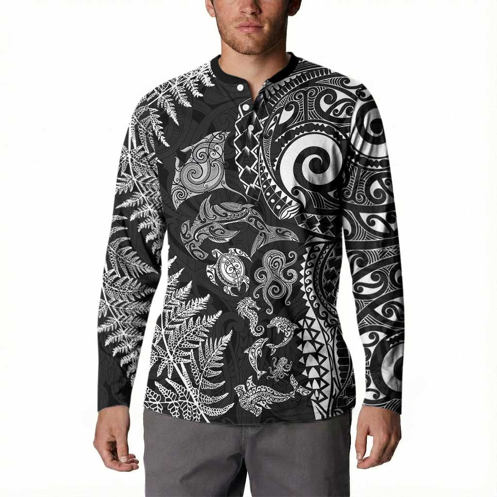 New Zealand Sea Animals Button Sweatshirt with Maori Koru Tribal Tattoo and Silver Ferns Black Color