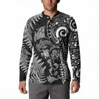 New Zealand Sea Animals Button Sweatshirt with Maori Koru Tribal Tattoo and Silver Ferns Black Color