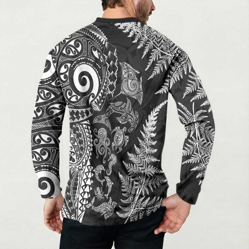 New Zealand Sea Animals Button Sweatshirt with Maori Koru Tribal Tattoo and Silver Ferns Black Color