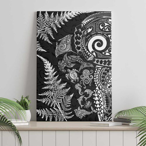 New Zealand Sea Animals Canvas Wall Art with Maori Koru Tribal Tattoo and Silver Ferns Black Color
