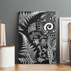 New Zealand Sea Animals Canvas Wall Art with Maori Koru Tribal Tattoo and Silver Ferns Black Color