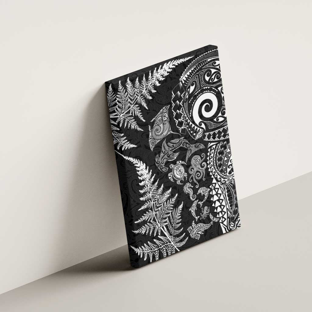 New Zealand Sea Animals Canvas Wall Art with Maori Koru Tribal Tattoo and Silver Ferns Black Color