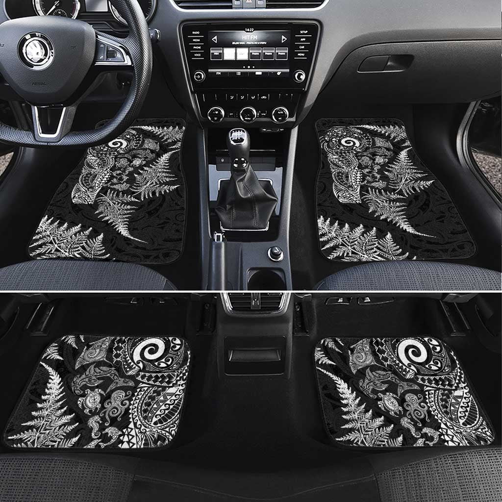 New Zealand Sea Animals Car Mats with Maori Koru Tribal Tattoo and Silver Ferns Black Color