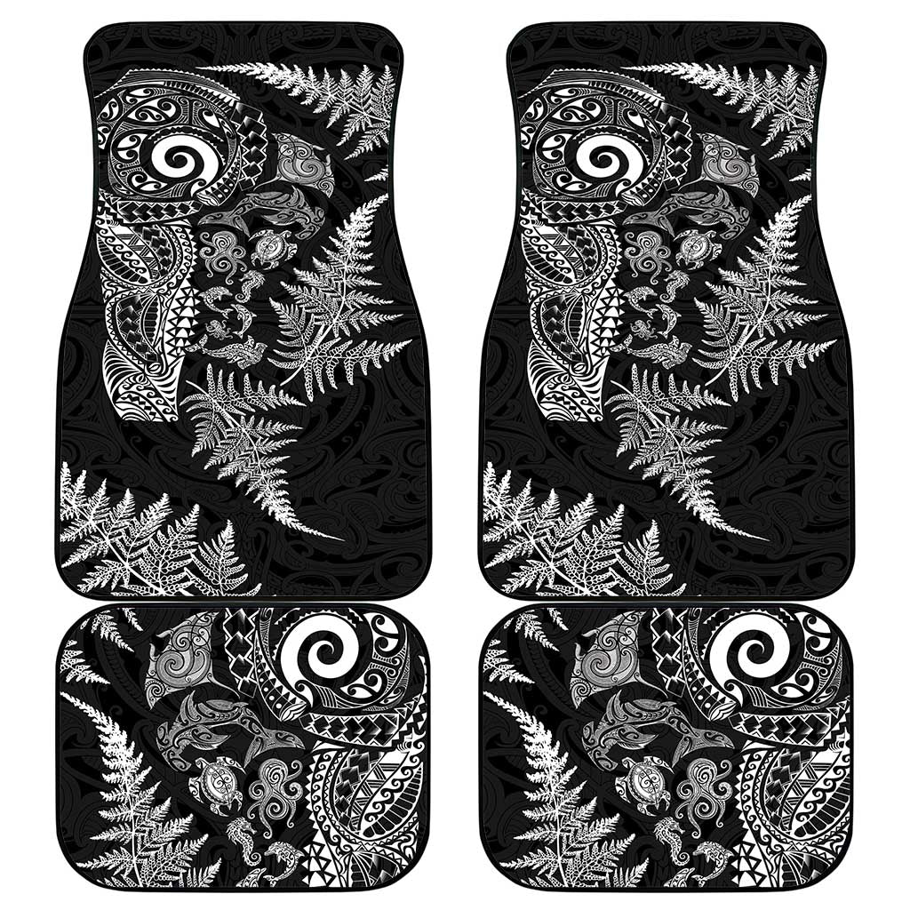 New Zealand Sea Animals Car Mats with Maori Koru Tribal Tattoo and Silver Ferns Black Color