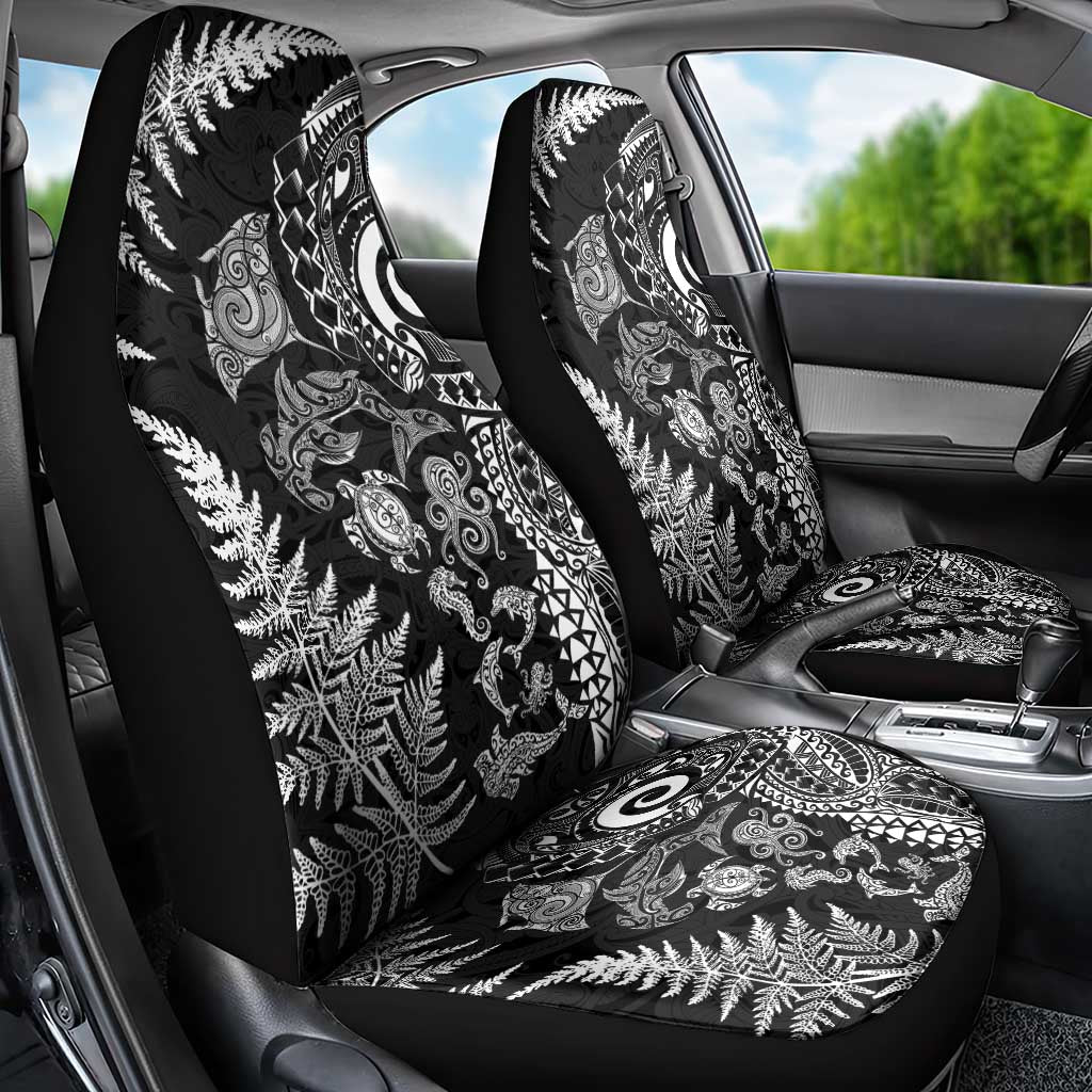 New Zealand Sea Animals Car Seat Cover with Maori Koru Tribal Tattoo and Silver Ferns Black Color