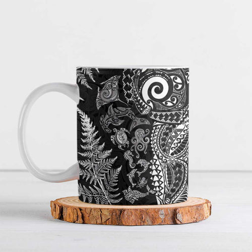 New Zealand Sea Animals Ceramic Mug with Maori Koru Tribal Tattoo and Silver Ferns Black Color