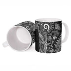New Zealand Sea Animals Ceramic Mug with Maori Koru Tribal Tattoo and Silver Ferns Black Color