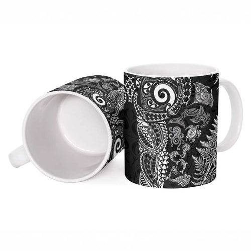 New Zealand Sea Animals Ceramic Mug with Maori Koru Tribal Tattoo and Silver Ferns Black Color