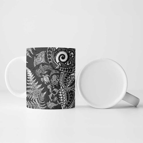New Zealand Sea Animals Ceramic Mug with Maori Koru Tribal Tattoo and Silver Ferns Black Color