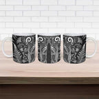 New Zealand Sea Animals Ceramic Mug with Maori Koru Tribal Tattoo and Silver Ferns Black Color
