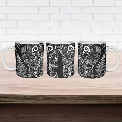 New Zealand Sea Animals Ceramic Mug with Maori Koru Tribal Tattoo and Silver Ferns Black Color
