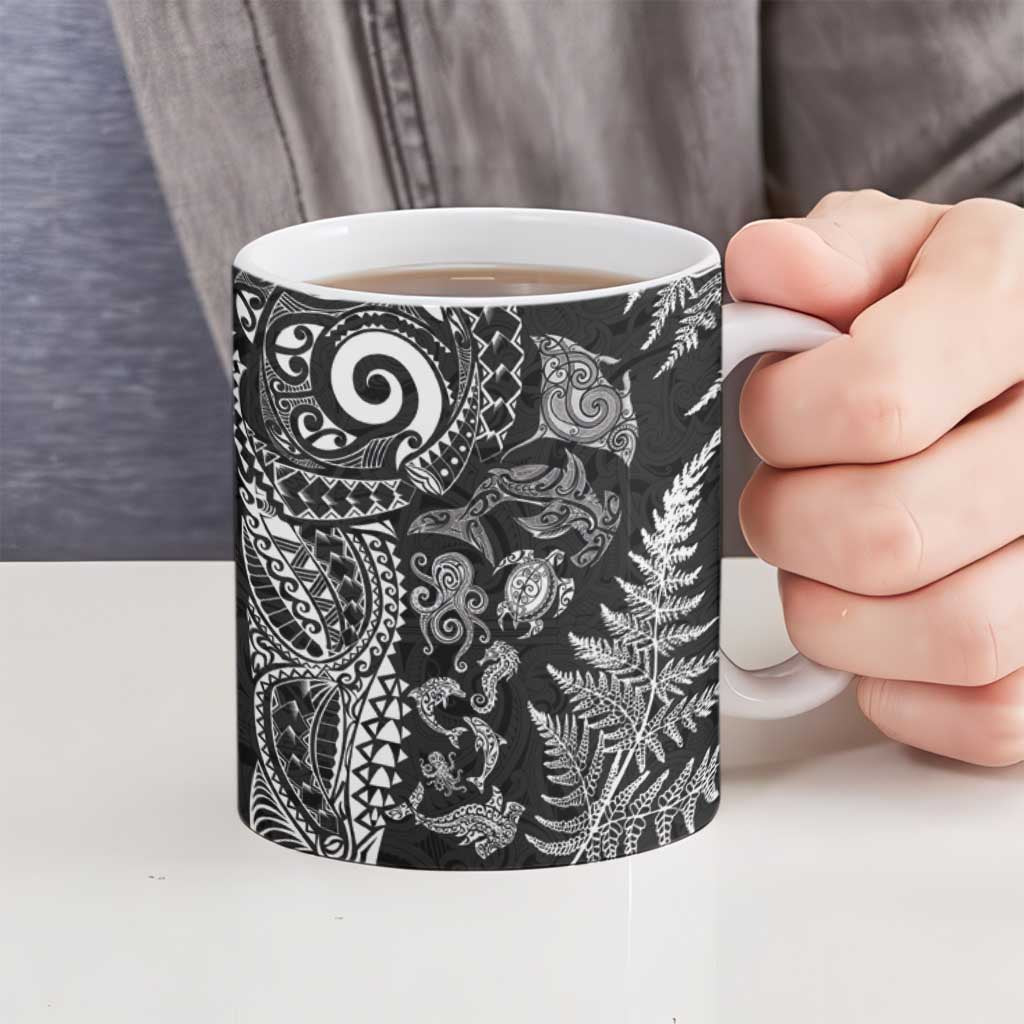 New Zealand Sea Animals Ceramic Mug with Maori Koru Tribal Tattoo and Silver Ferns Black Color