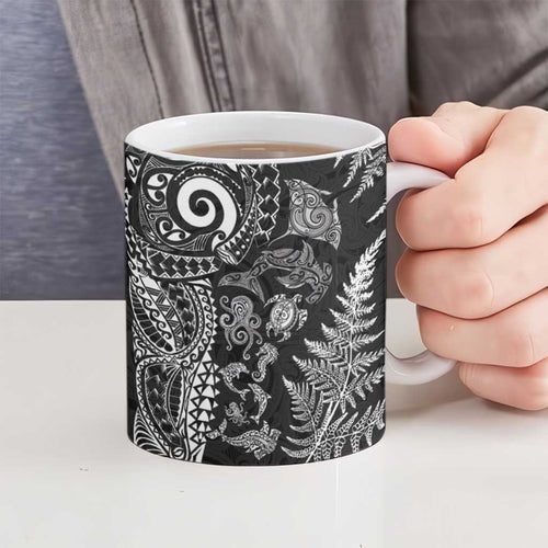 New Zealand Sea Animals Ceramic Mug with Maori Koru Tribal Tattoo and Silver Ferns Black Color