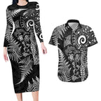 New Zealand Sea Animals Couples Matching Long Sleeve Bodycon Dress and Hawaiian Shirt with Maori Koru Tribal Tattoo and Silver Ferns Black Color