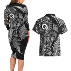 New Zealand Sea Animals Couples Matching Long Sleeve Bodycon Dress and Hawaiian Shirt with Maori Koru Tribal Tattoo and Silver Ferns Black Color