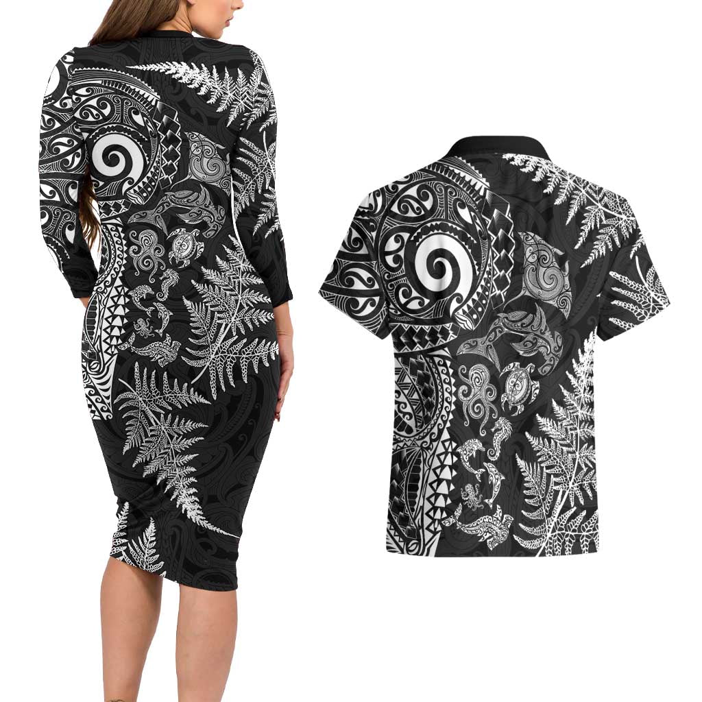 New Zealand Sea Animals Couples Matching Long Sleeve Bodycon Dress and Hawaiian Shirt with Maori Koru Tribal Tattoo and Silver Ferns Black Color