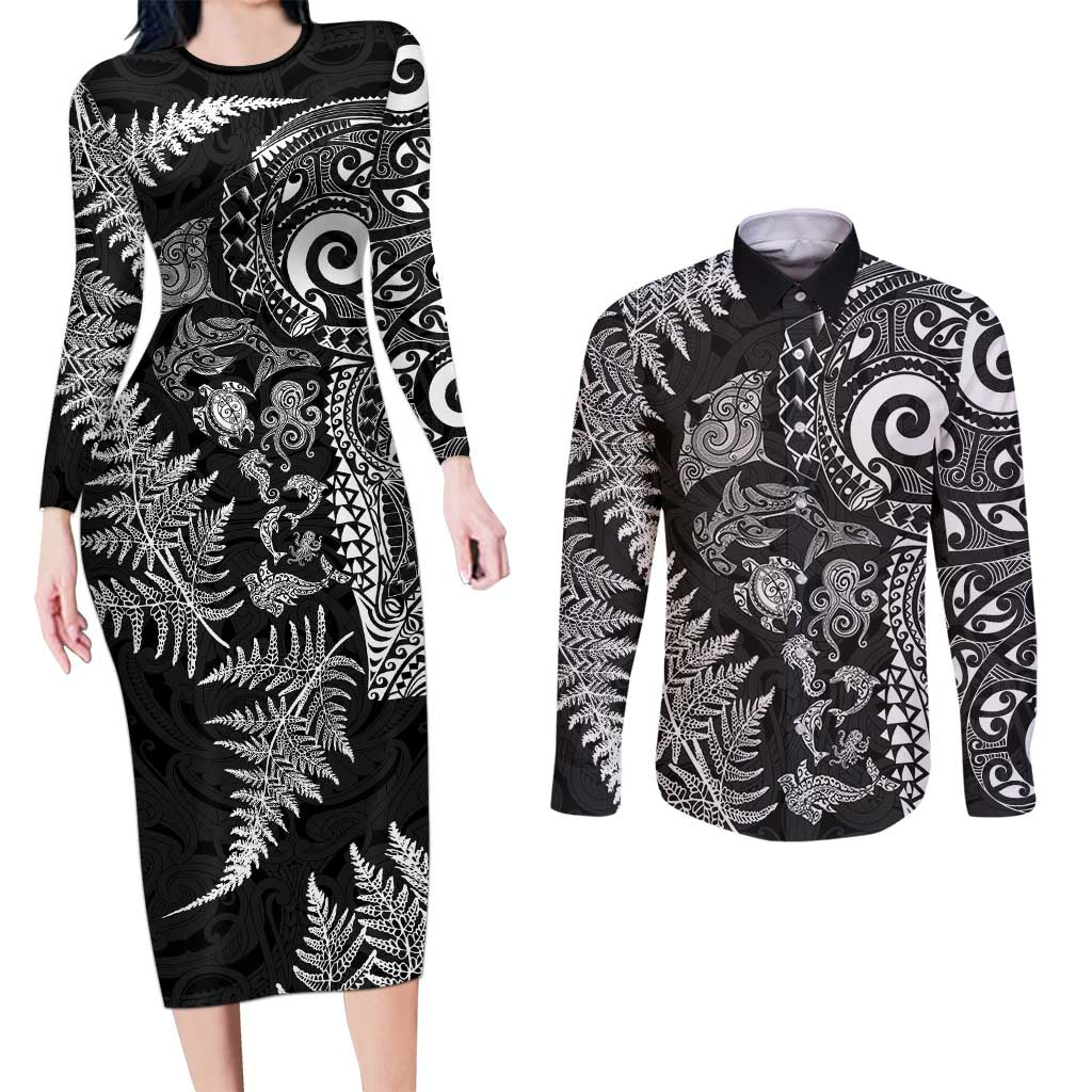 New Zealand Sea Animals Couples Matching Long Sleeve Bodycon Dress and Long Sleeve Button Shirt with Maori Koru Tribal Tattoo and Silver Ferns Black Color