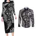 New Zealand Sea Animals Couples Matching Long Sleeve Bodycon Dress and Long Sleeve Button Shirt with Maori Koru Tribal Tattoo and Silver Ferns Black Color