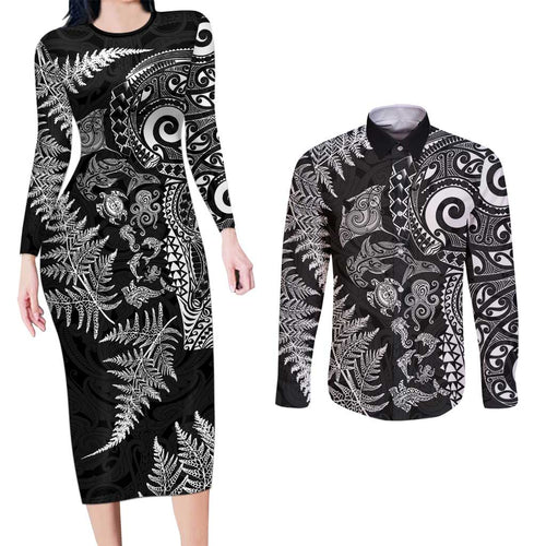 New Zealand Sea Animals Couples Matching Long Sleeve Bodycon Dress and Long Sleeve Button Shirt with Maori Koru Tribal Tattoo and Silver Ferns Black Color