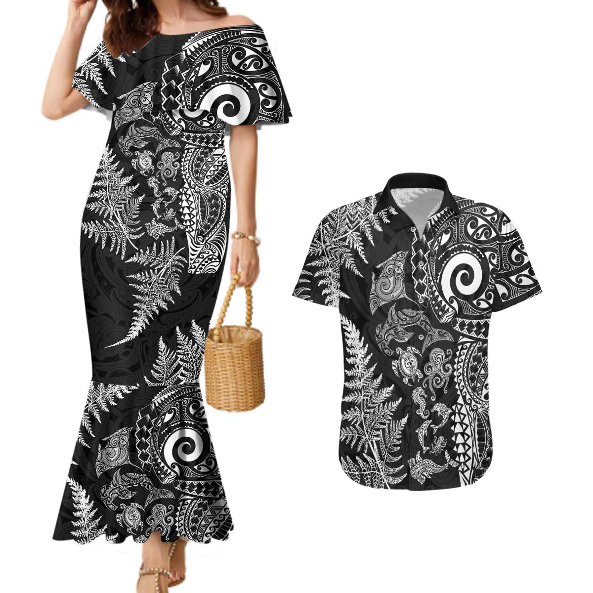 New Zealand Sea Animals Couples Matching Mermaid Dress and Hawaiian Shirt with Maori Koru Tribal Tattoo and Silver Ferns Black Color