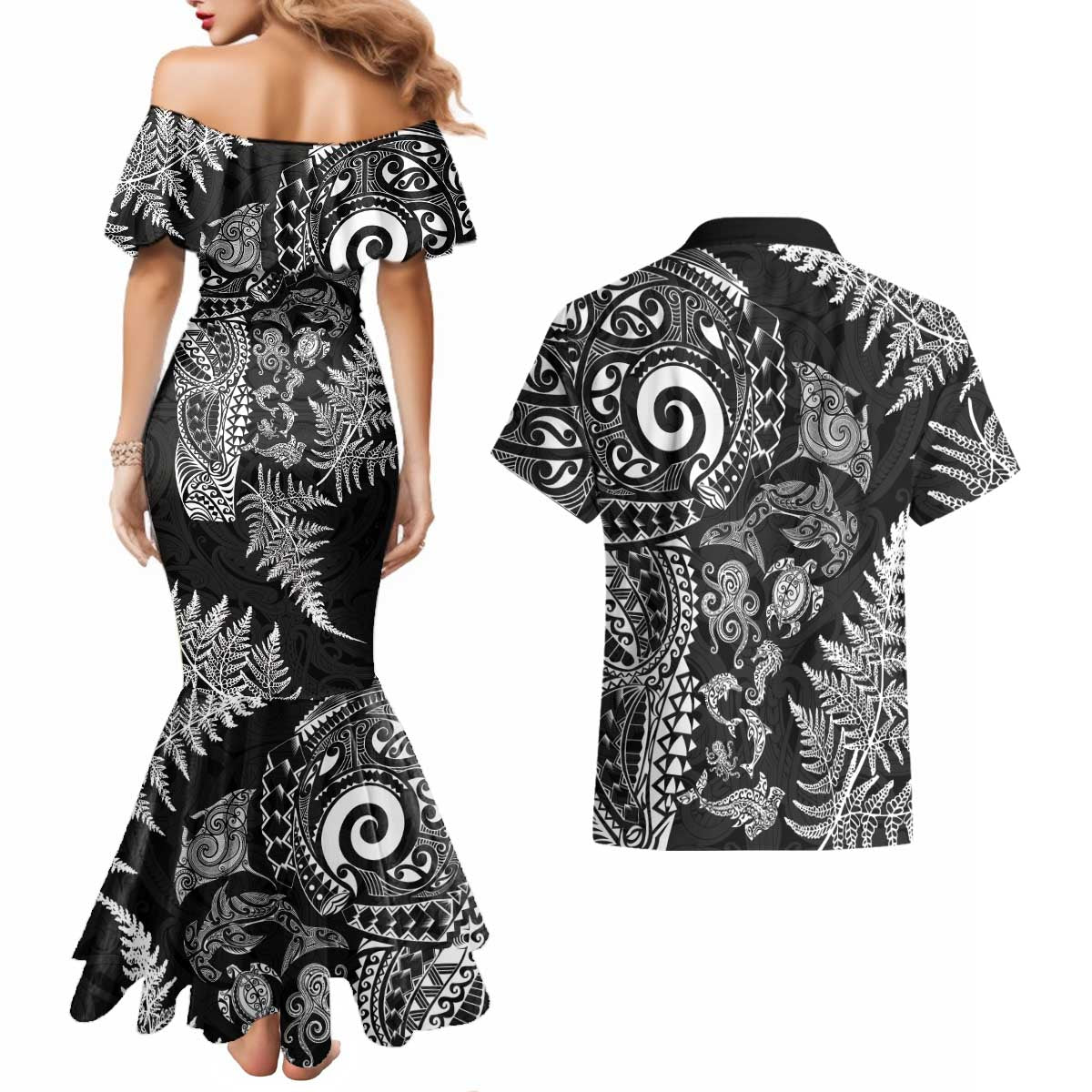 New Zealand Sea Animals Couples Matching Mermaid Dress and Hawaiian Shirt with Maori Koru Tribal Tattoo and Silver Ferns Black Color
