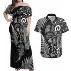 New Zealand Sea Animals Couples Matching Off Shoulder Maxi Dress and Hawaiian Shirt with Maori Koru Tribal Tattoo and Silver Ferns Black Color