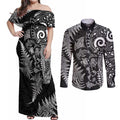 New Zealand Sea Animals Couples Matching Off Shoulder Maxi Dress and Long Sleeve Button Shirt with Maori Koru Tribal Tattoo and Silver Ferns Black Color