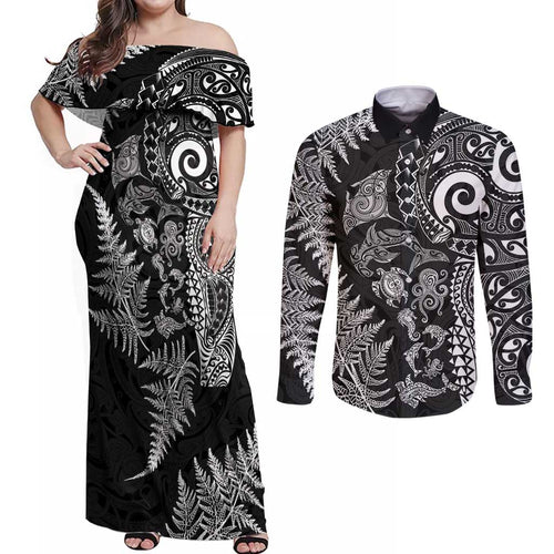 New Zealand Sea Animals Couples Matching Off Shoulder Maxi Dress and Long Sleeve Button Shirt with Maori Koru Tribal Tattoo and Silver Ferns Black Color