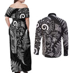 New Zealand Sea Animals Couples Matching Off Shoulder Maxi Dress and Long Sleeve Button Shirt with Maori Koru Tribal Tattoo and Silver Ferns Black Color