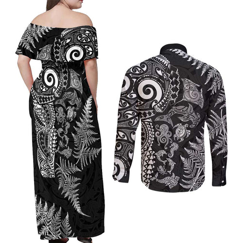 New Zealand Sea Animals Couples Matching Off Shoulder Maxi Dress and Long Sleeve Button Shirt with Maori Koru Tribal Tattoo and Silver Ferns Black Color