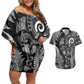New Zealand Sea Animals Couples Matching Off Shoulder Short Dress and Hawaiian Shirt with Maori Koru Tribal Tattoo and Silver Ferns Black Color
