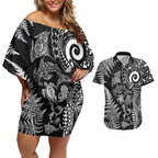 New Zealand Sea Animals Couples Matching Off Shoulder Short Dress and Hawaiian Shirt with Maori Koru Tribal Tattoo and Silver Ferns Black Color