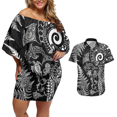 New Zealand Sea Animals Couples Matching Off Shoulder Short Dress and Hawaiian Shirt with Maori Koru Tribal Tattoo and Silver Ferns Black Color
