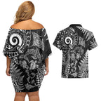 New Zealand Sea Animals Couples Matching Off Shoulder Short Dress and Hawaiian Shirt with Maori Koru Tribal Tattoo and Silver Ferns Black Color