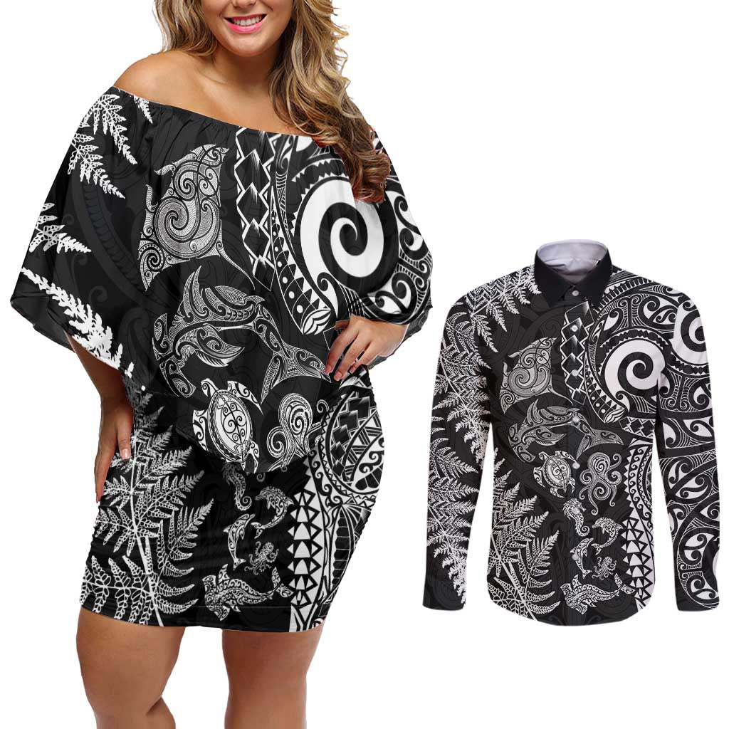 New Zealand Sea Animals Couples Matching Off Shoulder Short Dress and Long Sleeve Button Shirt with Maori Koru Tribal Tattoo and Silver Ferns Black Color
