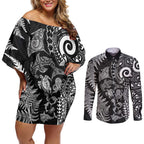 New Zealand Sea Animals Couples Matching Off Shoulder Short Dress and Long Sleeve Button Shirt with Maori Koru Tribal Tattoo and Silver Ferns Black Color