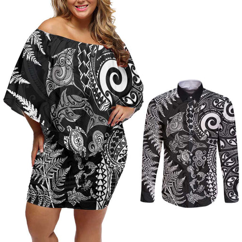 New Zealand Sea Animals Couples Matching Off Shoulder Short Dress and Long Sleeve Button Shirt with Maori Koru Tribal Tattoo and Silver Ferns Black Color