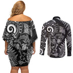 New Zealand Sea Animals Couples Matching Off Shoulder Short Dress and Long Sleeve Button Shirt with Maori Koru Tribal Tattoo and Silver Ferns Black Color