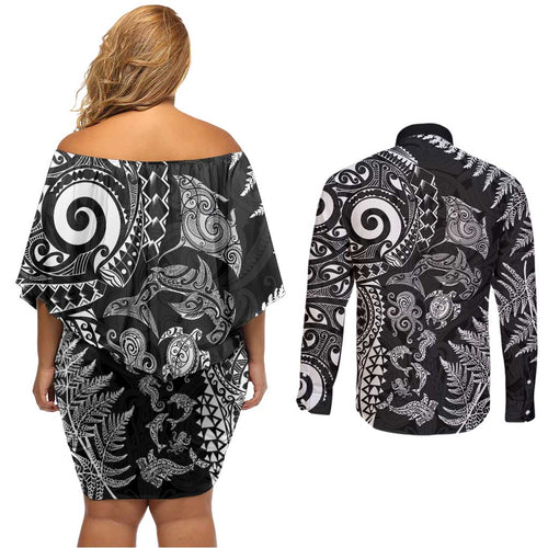 New Zealand Sea Animals Couples Matching Off Shoulder Short Dress and Long Sleeve Button Shirt with Maori Koru Tribal Tattoo and Silver Ferns Black Color