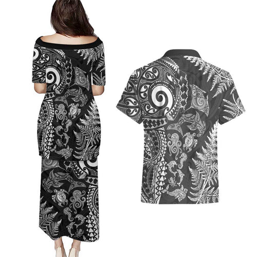 New Zealand Sea Animals Couples Matching Puletasi and Hawaiian Shirt with Maori Koru Tribal Tattoo and Silver Ferns Black Color