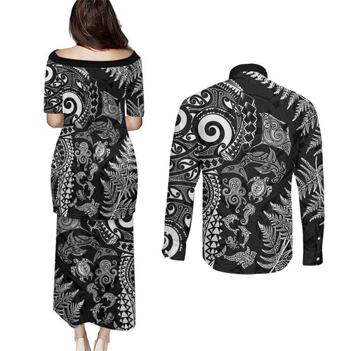 New Zealand Sea Animals Couples Matching Puletasi and Long Sleeve Button Shirt with Maori Koru Tribal Tattoo and Silver Ferns Black Color